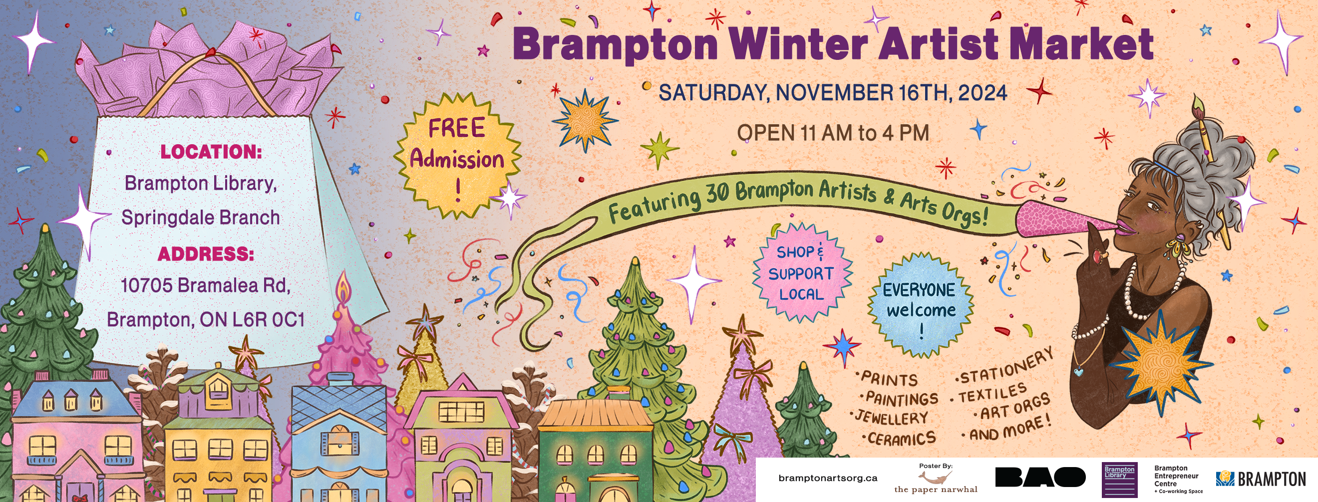 Artist illustration for the 2024 Brampton Winter Artist Market by Sabbie Narhwal featuring an illustration of a woman of colour, a giant shopping  bag and houses.