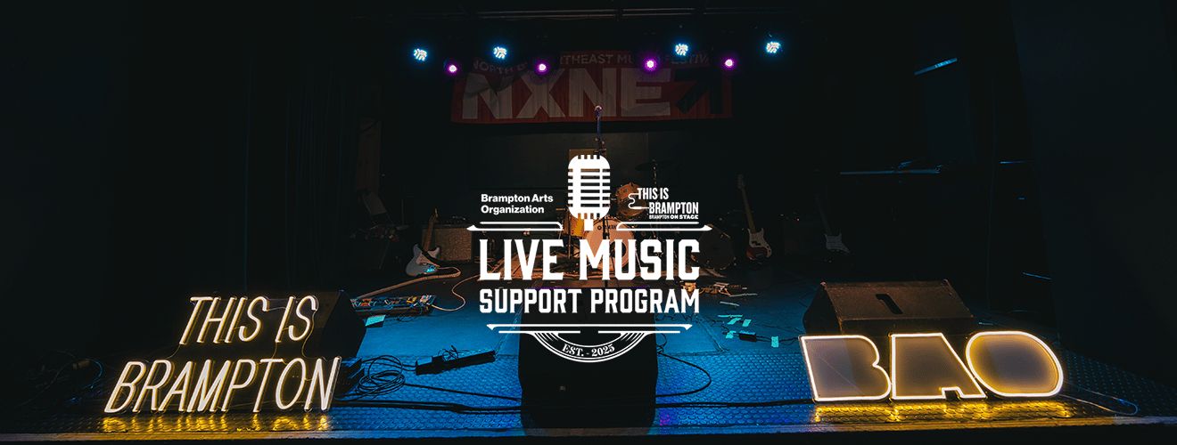 Live Music Support Program in front of neon signs saying "this is brampton" and "BAO"