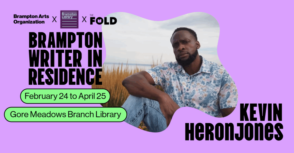 A purple and green graphic highlighting the Brampton writer in residence with a picture of a young black man wearing a blue and white spotted short sleeve button down