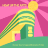 Stylized illustration of the exterior of the building BAO is in. The copy says 'heat up the arts' and "donate now to support Brampton artists"