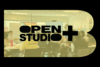 Graphic with a photograph of local artists in a bright community art studio inside the Brampton Arts Organizations office inside a stylized B-shape. In the middle of the graphic is the logo for Open Studio+.