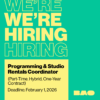 Green graphic with yellow text that says 'We're Hiring"