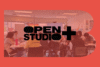 Graphic with a photograph of local artists in a bright community art studio inside the Brampton Arts Organizations office inside a stylized red B-shape. In the middle of the graphic is the logo for Open Studio+.