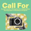 A green graphic with a photograph of a Canon EOS R6 Mark II camera with hands framing it inside a stylized B-shape. The text is promoting the Call for the Canon Canada + Brampton Arts Organization Photographer in Residence Program.