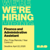 Green graphic promoting the Brampton Arts Organization Finance and Administrative Assistant maternity cover job