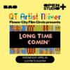 Graphic promoting the QT Artist Mixer featuring Dione Brand's Long Time Coming film screening at the April Open Studio+
