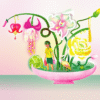 Illustration of a boy in green shorts and yellow shirt holding shopping bags stands beside a glowing pink bowl with oversized exotic flowers and a flamingo figurine.