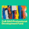 Green graphic with a photograph of an abstract colourful painting inside a stylized B-shape.