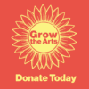 Red graphic with an illustration of a yellow sunflower graphic with 'Grow the Arts' in yellow text on a red background promoting Brampton Arts Organization's Summer Fundraising Drive.