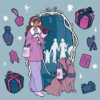 Illustration of a woman in purple coat holding flowers and coffee, standing with a service dog carrying a bag, framed by a decorative mirror showing a family silhouette shopping at an artist market.